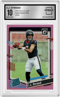 C.J. Stroud from the 2023 Donruss Optic set featuring a Pink parallel graded by Arena Club and given an overall grade of 10.
