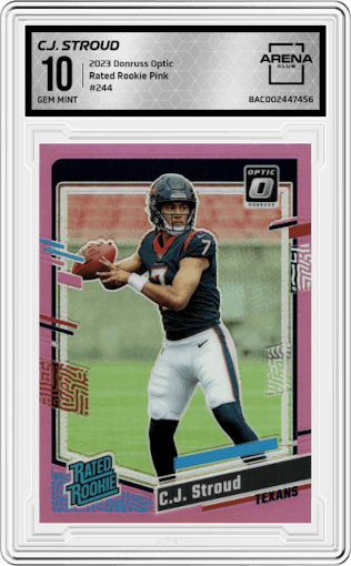 C.J. Stroud from the 2023 Donruss Optic set featuring a Pink parallel graded by Arena Club and given an overall grade of 10.