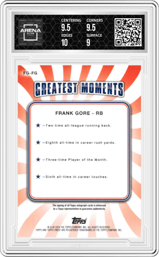 Frank Gore from the 2024 Finest set featuring a Red Refractor parallel graded by Arena Club and given an overall grade of 9.5.