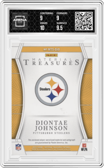 Diontae Johnson from the 2022 Panini National Treasures set featuring a NFL Shield parallel graded by Arena Club and given an overall grade of 9.5.