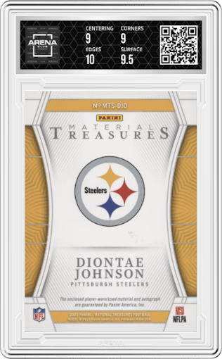 Diontae Johnson from the 2022 Panini National Treasures set featuring a NFL Shield parallel graded by Arena Club and given an overall grade of 9.5.