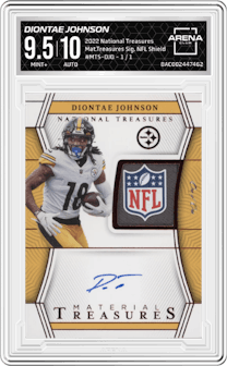 Diontae Johnson from the 2022 Panini National Treasures set featuring a NFL Shield parallel graded by Arena Club and given an overall grade of 9.5.