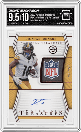 Diontae Johnson from the 2022 Panini National Treasures set featuring a NFL Shield parallel graded by Arena Club and given an overall grade of 9.5.
