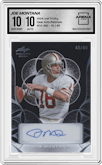 Joe Montana  from the 2024 Leaf Trinity set featuring a Platinum parallel graded by Arena Club and given an overall grade of 10.