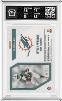 Jaylen Waddle from the 2021 Panini Phoenix set featuring a Gloves parallel graded by Arena Club and given an overall grade of 9.