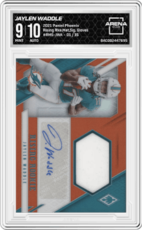 Jaylen Waddle from the 2021 Panini Phoenix set featuring a Gloves parallel graded by Arena Club and given an overall grade of 9.