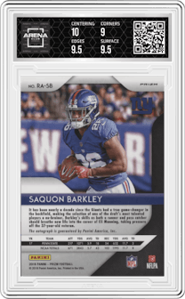 Saquon Barkley from the 2018 Panini Prizm set graded by Arena Club and given an overall grade of 9.5.