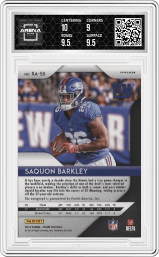Saquon Barkley from the 2018 Panini Prizm set graded by Arena Club and given an overall grade of 9.5.