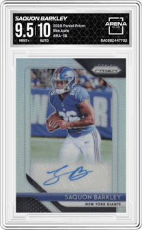 Saquon Barkley from the 2018 Panini Prizm set graded by Arena Club and given an overall grade of 9.5.