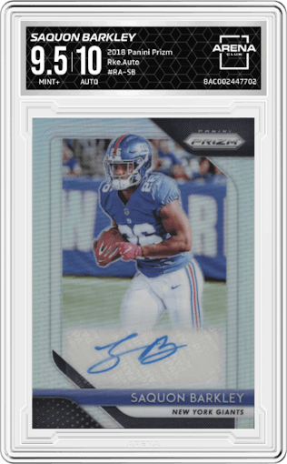 Saquon Barkley from the 2018 Panini Prizm set graded by Arena Club and given an overall grade of 9.5.