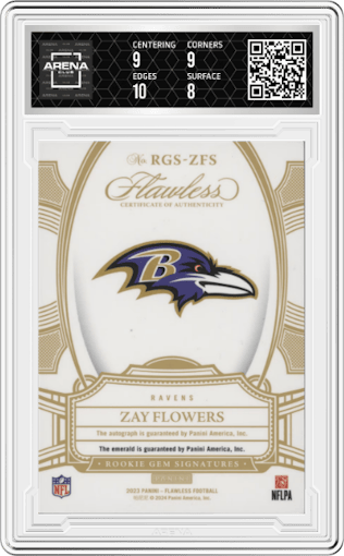 Zay Flowers from the 2023 Panini Flawless set featuring a Emerald parallel graded by Arena Club and given an overall grade of 8.5.