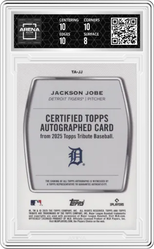 Jackson Jobe from the 2025 Topps Tribute set featuring a Purple parallel graded by Arena Club and given an overall grade of 8.5.