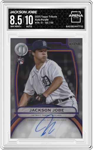 Jackson Jobe from the 2025 Topps Tribute set featuring a Purple parallel graded by Arena Club and given an overall grade of 8.5.