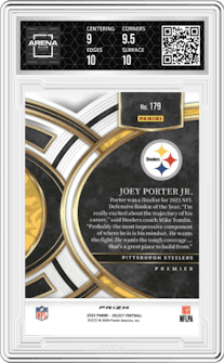 Joey Porter Jr. from the 2023 Panini Select set featuring a Cosmic Prizm parallel graded by Arena Club and given an overall grade of 9.5.