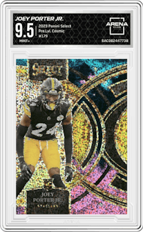 Joey Porter Jr. from the 2023 Panini Select set featuring a Cosmic Prizm parallel graded by Arena Club and given an overall grade of 9.5.
