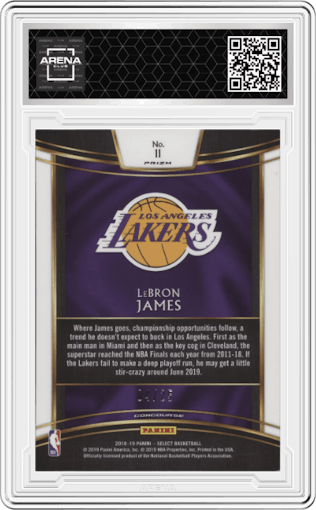 LeBron James from the 2018-19 Panini Select  set featuring a Tie-Dye parallel graded by Arena Club.