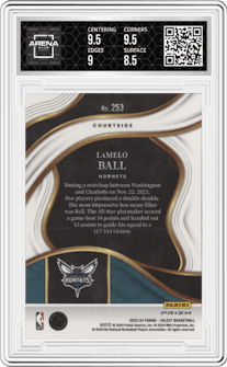 LaMelo Ball from the 2023-24 Panini Select  set featuring a Elephant parallel graded by Arena Club and given an overall grade of 9.