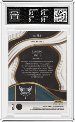 LaMelo Ball from the 2023-24 Panini Select  set featuring a Elephant parallel and given an overall grade of 9.
