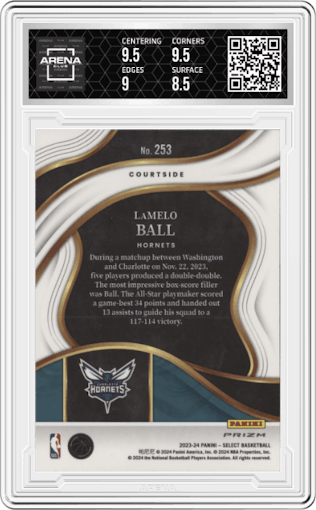 LaMelo Ball from the 2023-24 Panini Select  set featuring a Elephant parallel graded by Arena Club and given an overall grade of 9.