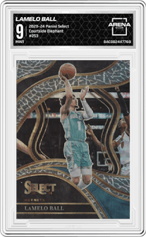 LaMelo Ball from the 2023-24 Panini Select  set featuring a Elephant parallel graded by Arena Club and given an overall grade of 9.