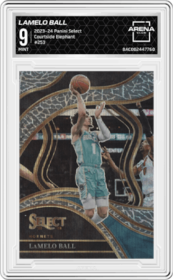 LaMelo Ball from the 2023-24 Panini Select  set featuring a Elephant parallel and given an overall grade of 9.
