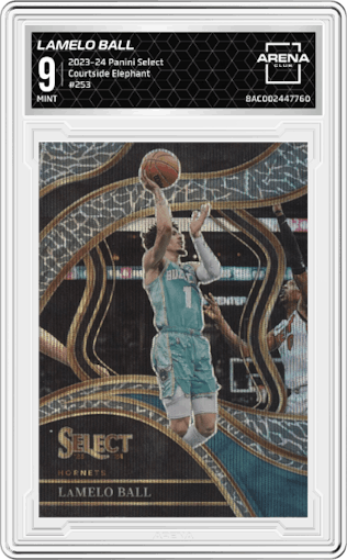 LaMelo Ball from the 2023-24 Panini Select  set featuring a Elephant parallel graded by Arena Club and given an overall grade of 9.