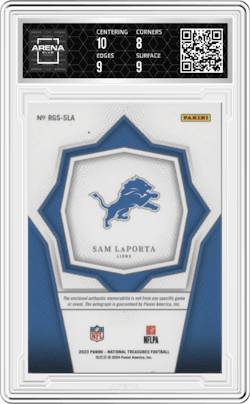 Sam LaPorta from the 2023 Panini National Treasures set and given an overall grade of 8.5.