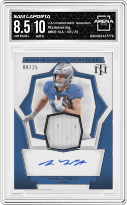 Sam LaPorta from the 2023 Panini National Treasures set and given an overall grade of 8.5.