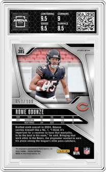 Rome Odunze from the 2024 Panini Prizm set featuring a Choice parallel graded by Arena Club and given an overall grade of 9.