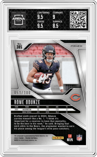 Rome Odunze from the 2024 Panini Prizm set featuring a Choice parallel graded by Arena Club and given an overall grade of 9.
