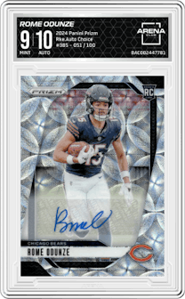 Rome Odunze from the 2024 Panini Prizm set featuring a Choice parallel graded by Arena Club and given an overall grade of 9.