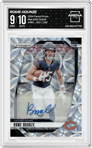 Rome Odunze from the 2024 Panini Prizm set featuring a Choice parallel graded by Arena Club and given an overall grade of 9.