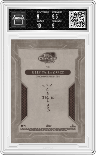 Elly De La Cruz from the 2024 Topps Cosmic Chrome x Cactus Jack set graded by Arena Club and given an overall grade of 9.5.