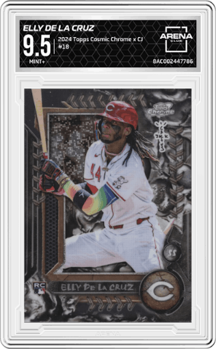 Elly De La Cruz from the 2024 Topps Cosmic Chrome x Cactus Jack set graded by Arena Club and given an overall grade of 9.5.