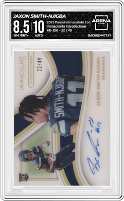 Jaxon Smith-Njigba from the 2023 Panini Immaculate Collection  set and given an overall grade of 8.5.