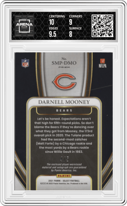 Darnell Mooney from the 2021 Panini Select set featuring a Green Prizm parallel and given an overall grade of 8.5.