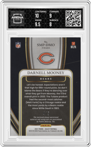 Darnell Mooney from the 2021 Panini Select set featuring a Green Prizm parallel graded by Arena Club and given an overall grade of 8.5.