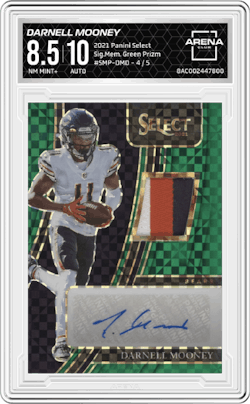 Darnell Mooney from the 2021 Panini Select set featuring a Green Prizm parallel and given an overall grade of 8.5.