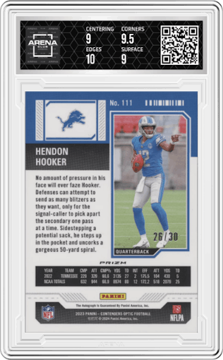 Hendon Hooker from the 2023 Panini Contenders Optic set featuring a Green Pulsar parallel graded by Arena Club and given an overall grade of 9.5.