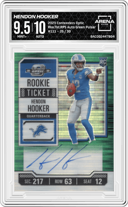 Hendon Hooker from the 2023 Panini Contenders Optic set featuring a Green Pulsar parallel and given an overall grade of 9.5.