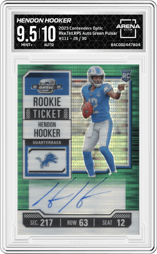 Hendon Hooker from the 2023 Panini Contenders Optic set featuring a Green Pulsar parallel graded by Arena Club and given an overall grade of 9.5.