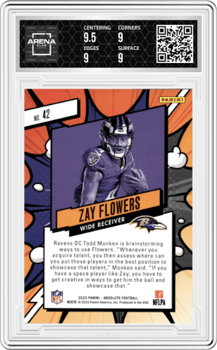 Zay Flowers from the 2023 Panini Absolute set graded by Arena Club and given an overall grade of 9.