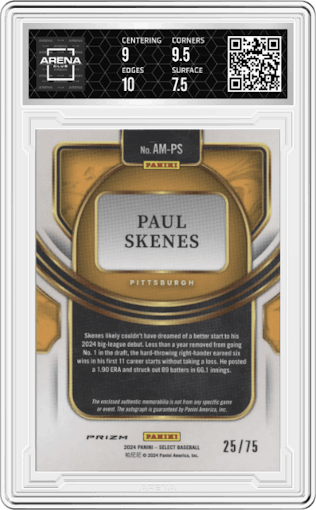 Paul Skenes from the 2024 Panini Select set graded by Arena Club and given an overall grade of 8.