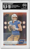 Justin Herbert from the 2023 Panini Zenith set featuring a Silver Artist Proof parallel graded by Arena Club and given an overall grade of 9.5.