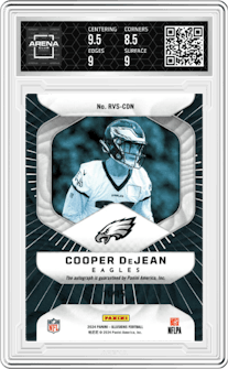 Cooper DeJean from the 2024 Panini Illusions set featuring a Red and Blue parallel graded by Arena Club and given an overall grade of 9.