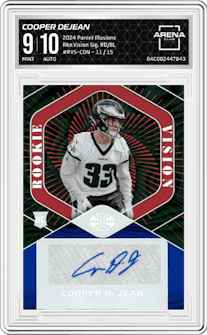 Cooper DeJean from the 2024 Panini Illusions set featuring a Red and Blue parallel graded by Arena Club and given an overall grade of 9.