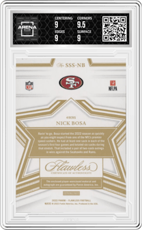 Nick Bosa from the 2022 Panini Flawless set featuring a Sapphire  parallel graded by Arena Club and given an overall grade of 9.