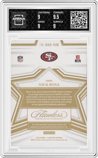 Nick Bosa from the 2022 Panini Flawless set featuring a Sapphire  parallel graded by Arena Club and given an overall grade of 9.
