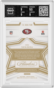 Nick Bosa from the 2022 Panini Flawless set featuring a Sapphire parallel graded by Arena Club and given an overall grade of 9.