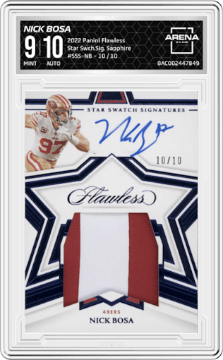 Nick Bosa from the 2022 Panini Flawless set featuring a Sapphire  parallel graded by Arena Club and given an overall grade of 9.